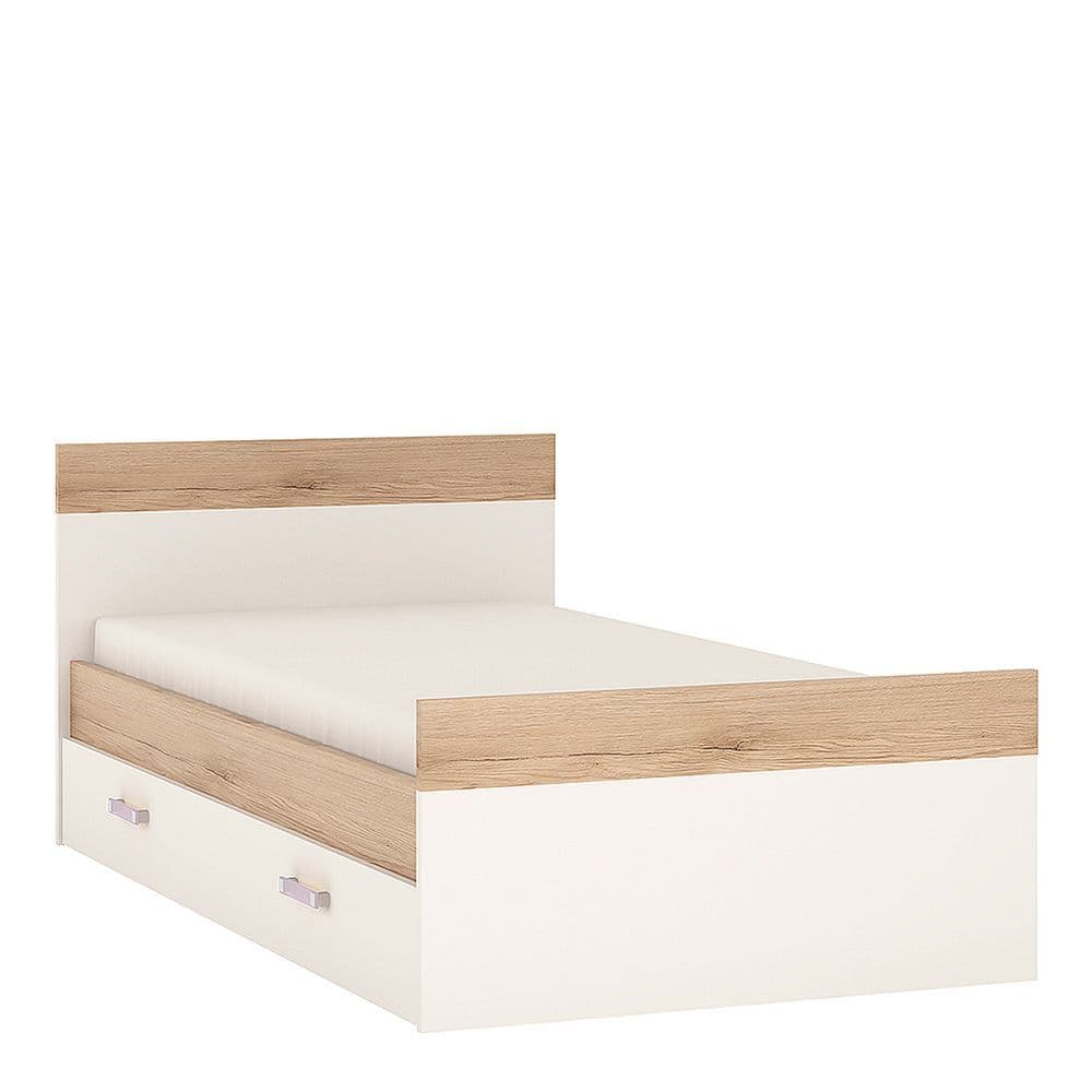 Kinder Single Bed with under Drawer in Light Oak and white High Gloss (lilac handles)
